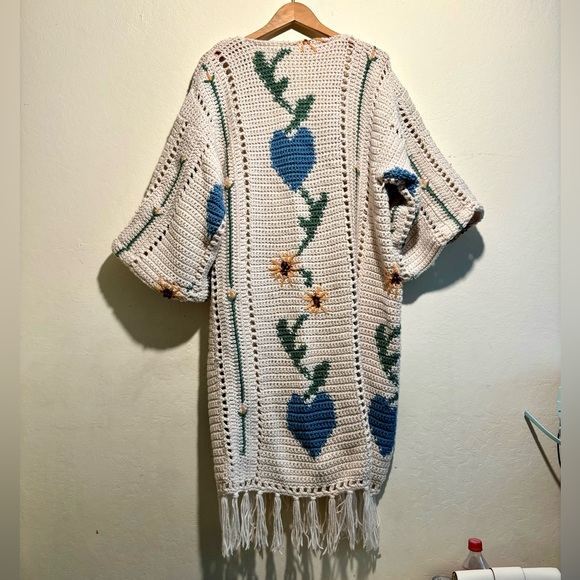 Handmade Sweaters - Handmade Boho Granny Knit Blanket Hearts Flowers Blue, Yellow, Cream Cardigan